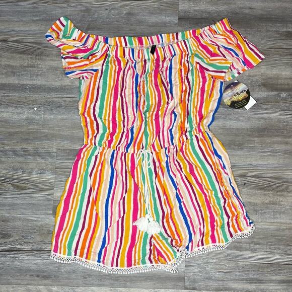 Bebop Women's Striped Short Off Shoulder Sleeve PomPom Trim Romper sz Jr's L - Picture 2 of 3